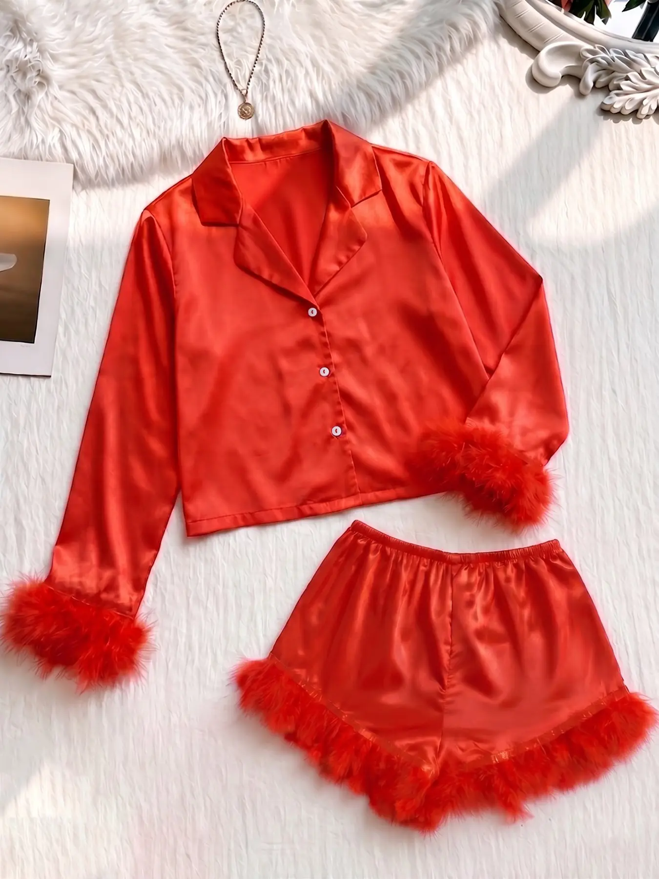 Luxury Silk Satin Pjs Set, Feather Cuff Long Sleeve Shirt & Shorts, Women's Elegant Valentine Night Sleepwear, Pajamas