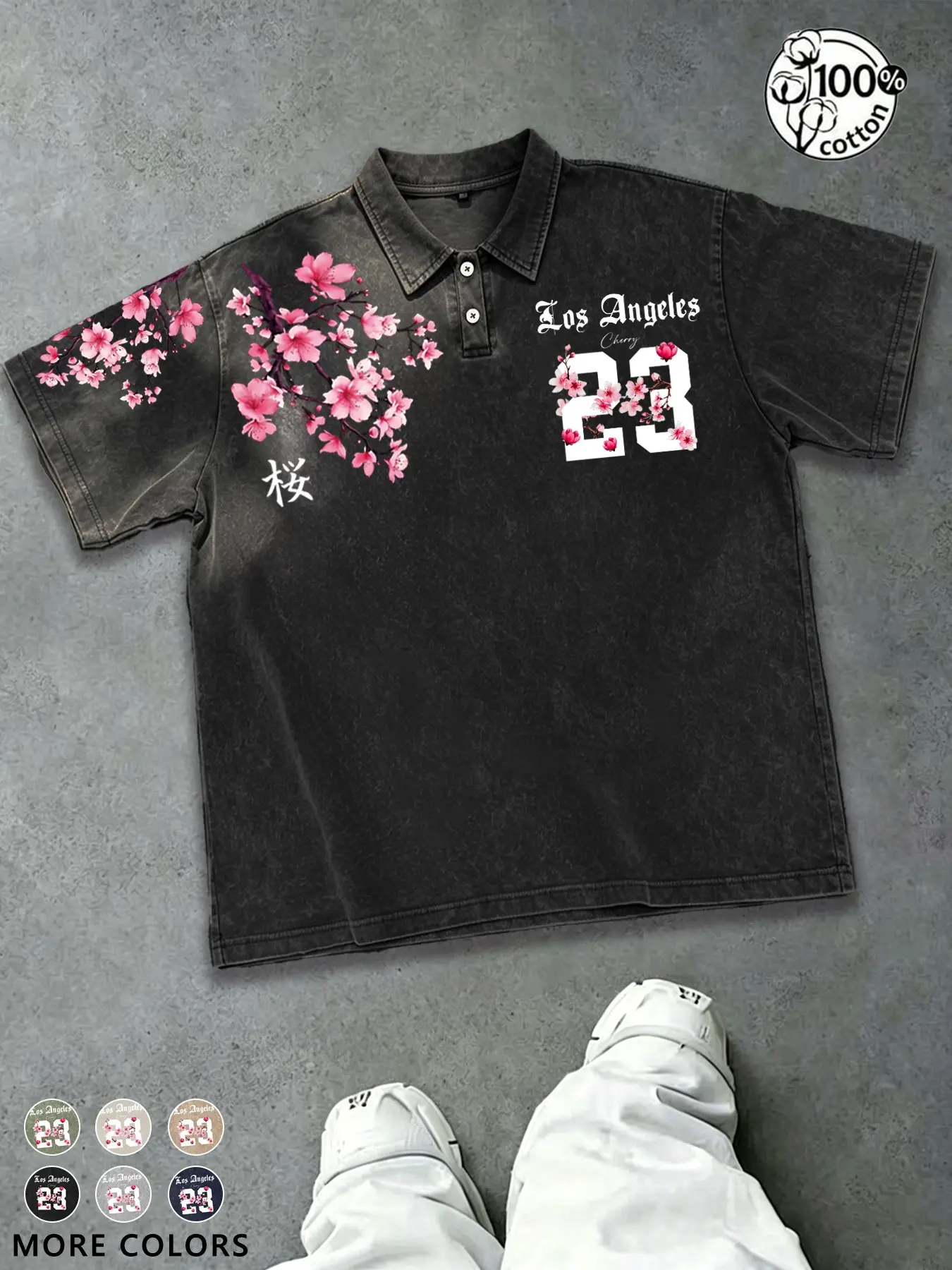 Y2K Style Unisex Summer Polo Shirt, 100% Pure Cotton Los Angeles "Sakura 23" Floral Graphic — 240g Heavyweight Washed Cotton Short-Sleeve Polo T-Shirt Short Sleeve,Suit Streetwear, Couples Fashion, Men's Gift