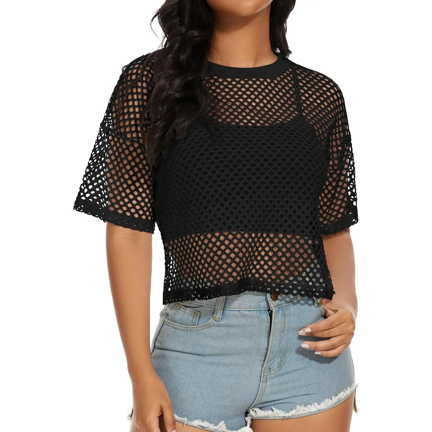 Women's Mesh Fishnet Top See Through Cover Up Short Sleeves T Shirts Sheer Blouse