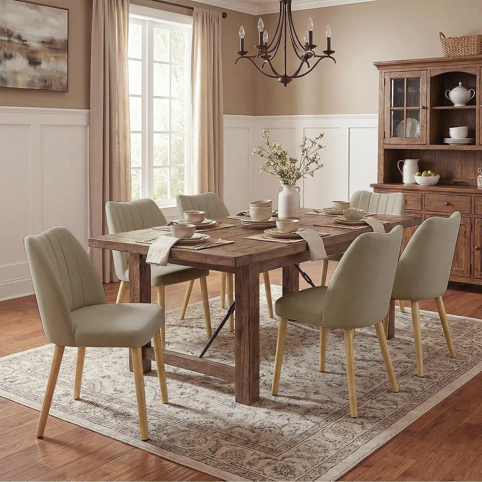 Modern Comfort Upholstered Dining Chairs Set of 6/4 – Linen Fabric with Natural Wood Legs – Ergonomic Backrest, Easy Tool-Complimentary Setup – Ideal for Dining Room, Living Room, Restaurant – 3 Boxes,4/ 6PCS