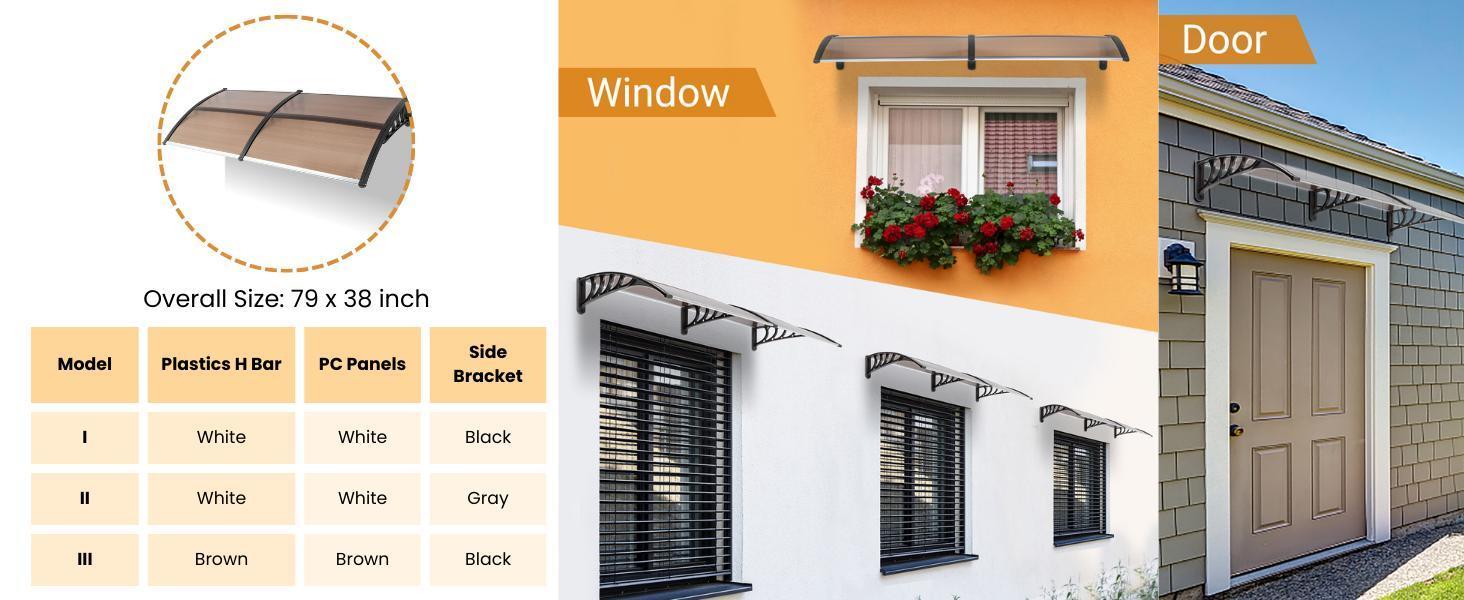 Karlhome Window Awning Door Awning, Polycarbonate Cover Front Door Outdoor Patio Awning UV Protection Rain Snow Sun Protection Hollow Core Panel, High Quality ABS and Polycarbonate Material