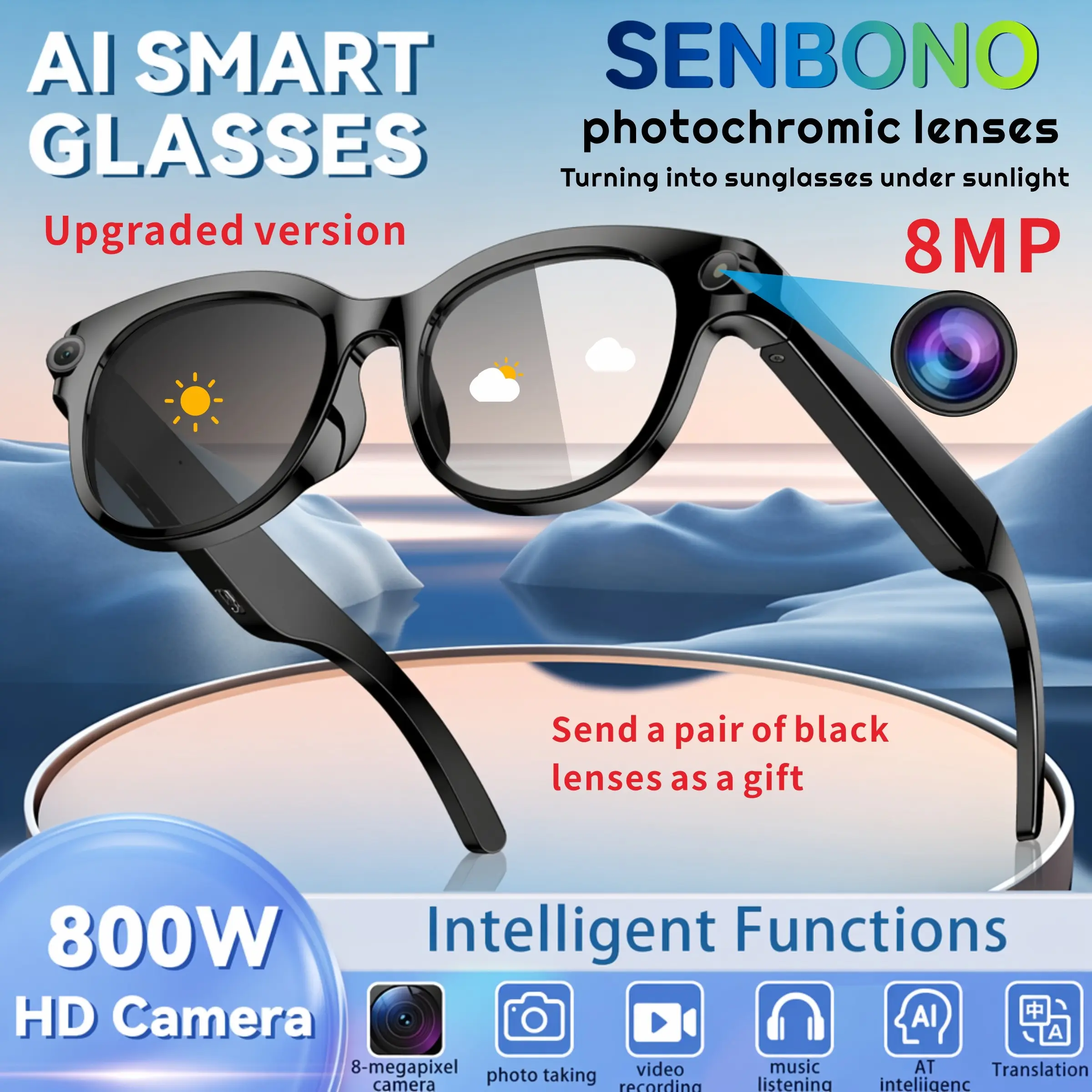 2026 new intelligent AI glasses with camera and video, upgraded 800W high-definition camera, 1080P high-definition recording, 290mAh large battery, wireless 5.4 call, Al language translation, voice assistant, touch/music playback, best gift