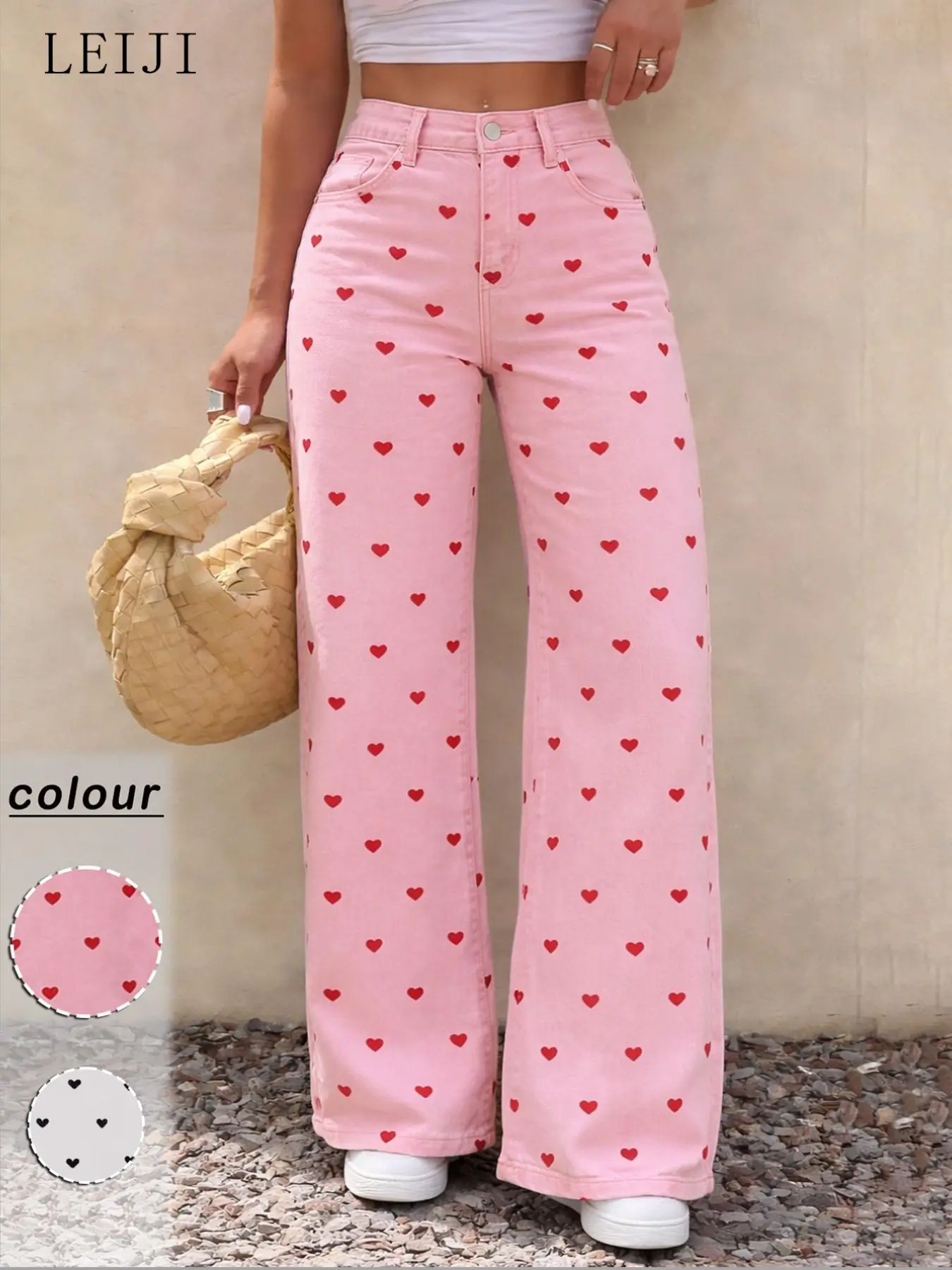 Spring/Summer Women's Elastic High-Waisted Wide Leg Baggy Bottom Jeans, Pink Heart Print, Casual Loose Fit Denim Pants for Commute, Daily Wear & Vacation