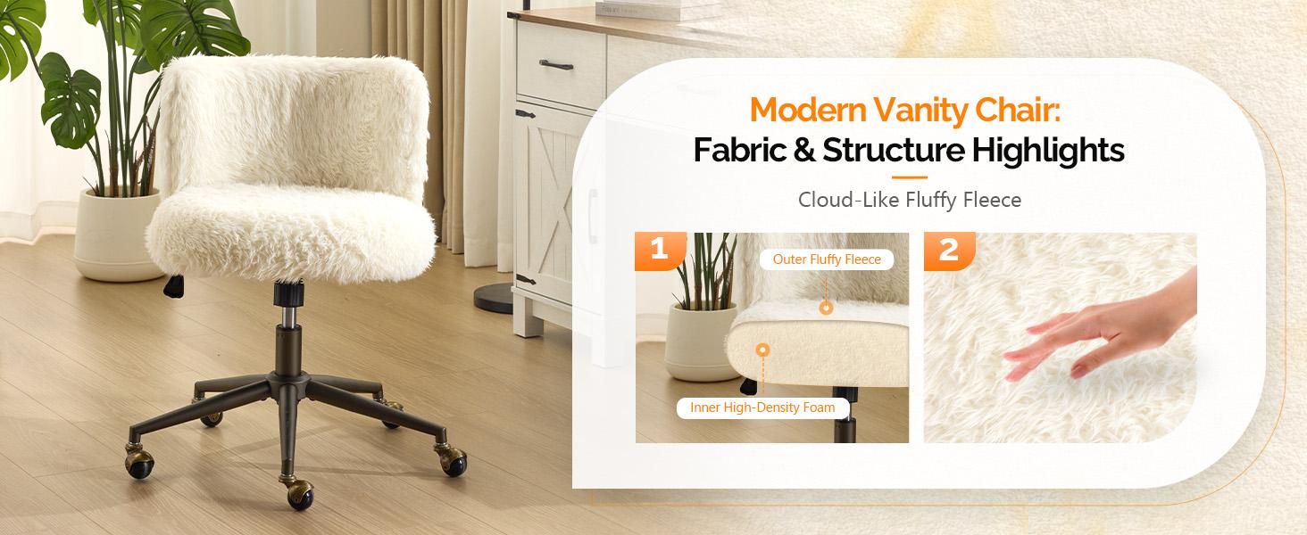 VINGLI Plush Upholstery Vanity Desk Chair with Curved Back & 90-102° Tilt &Adjustable Height, Cute Rolling Chair with Bronze Base & Golden-Bronze 360° Swivel Wheels for Makeup &Home Office,White Cream