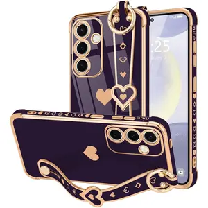 LLZ.COQUE for Samsung Galaxy S24 Plus Case Cute Love-Heart Plating Strap for Women Girls Silicone Camera Protection Bumper Shockproof Phone Case for Samsung Galaxy S24 Plus 5G (6.7'')-Dark Purple