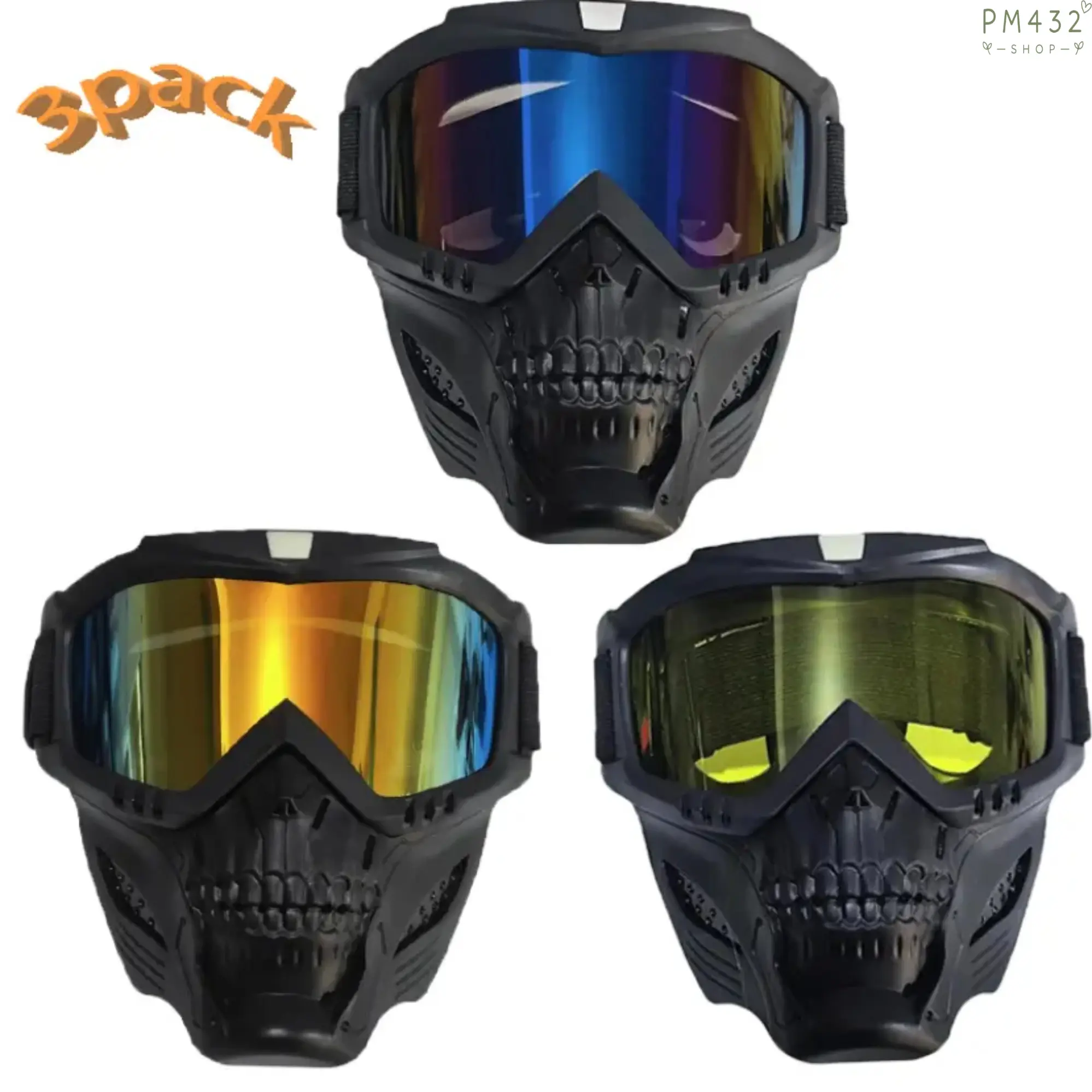 3 Pack Anti Fog Motorcycle Goggles, Retro Skull Design Windproof Riding Glasses with Adjustable Strap, Protective Eyewear for Dirt Bike, Motocross, Cycling, Outdoor Sports & Motorcycle Accessories