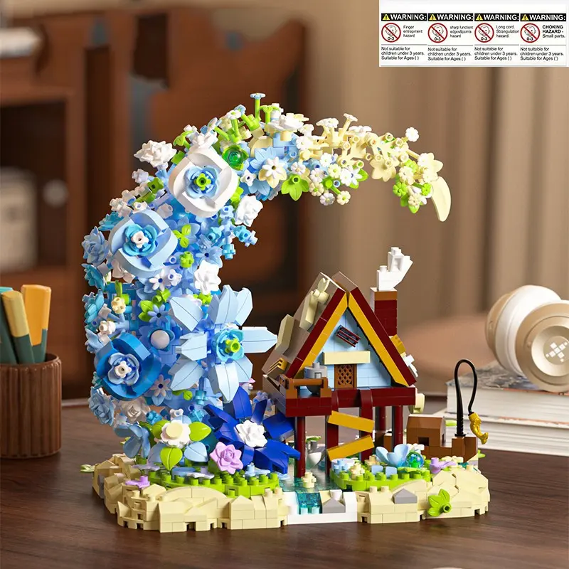 Moon Flower Tree House Building Set, 1340 Pieces, Blue Floral Crescent Model, DIY Decorative Toy, Stress Relief Gift for Teens and Adults