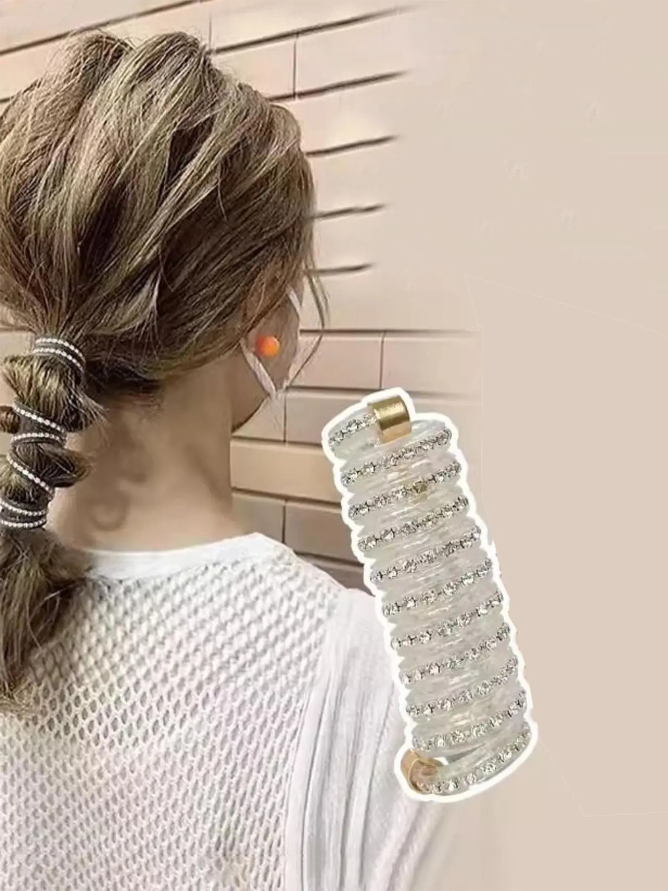 1 Ladies Rhinestone Spiral Hair Band - Telephone Cable Hair Band - High Elasticity Durable Elastic Hair Bands Black, White Ponytail Holders, Ponytail Hairstyle, Hair Accessory, Fashionable Hair Accessories, Shiny Embellishment, Suitable for Daily Wear
