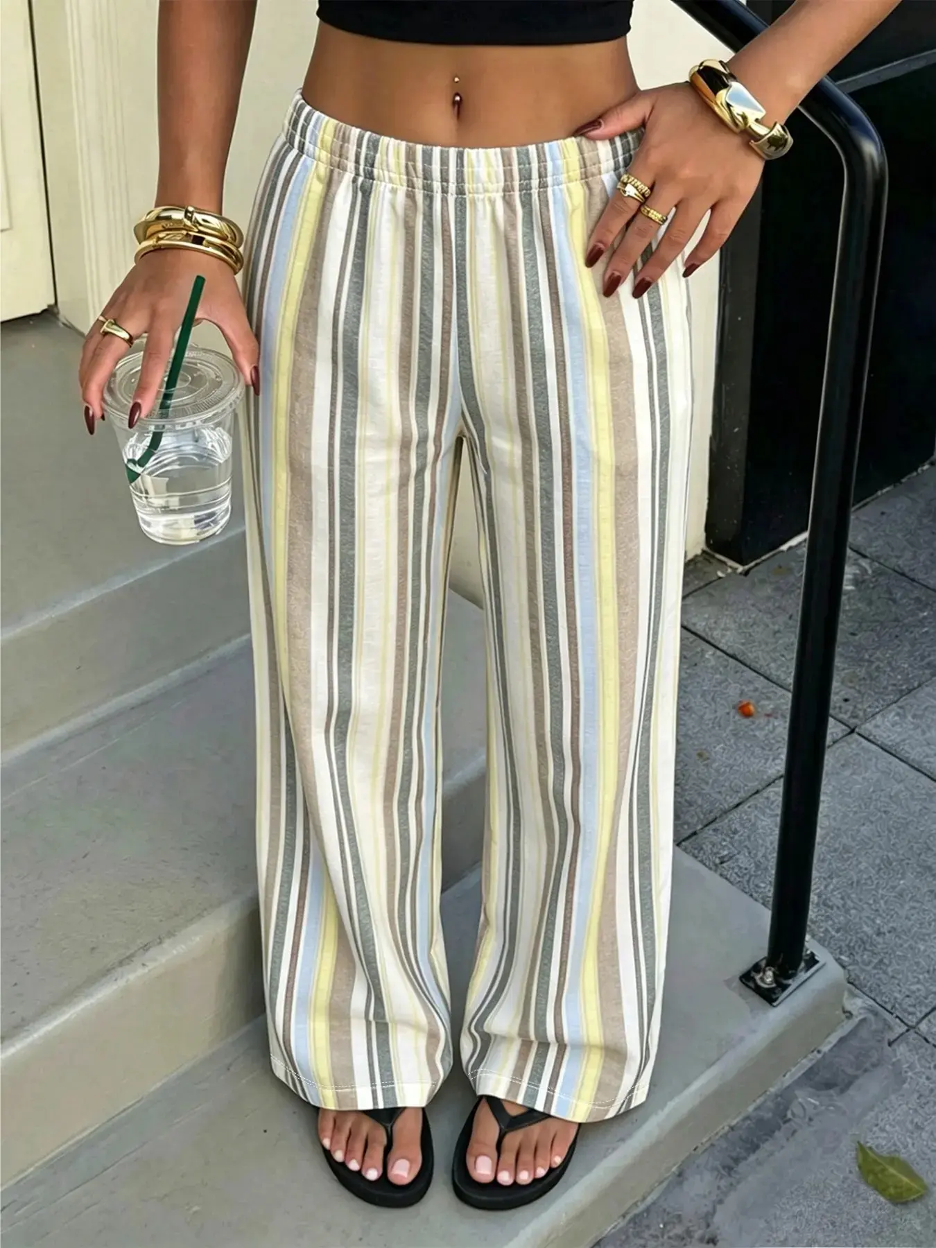 Women's Striped High Waist Baggy Wide Leg Pants | Elastic Waist Side Pockets Soft Breathable Casual Trousers | Summer Beach Brunch Everyday Outfit for Women