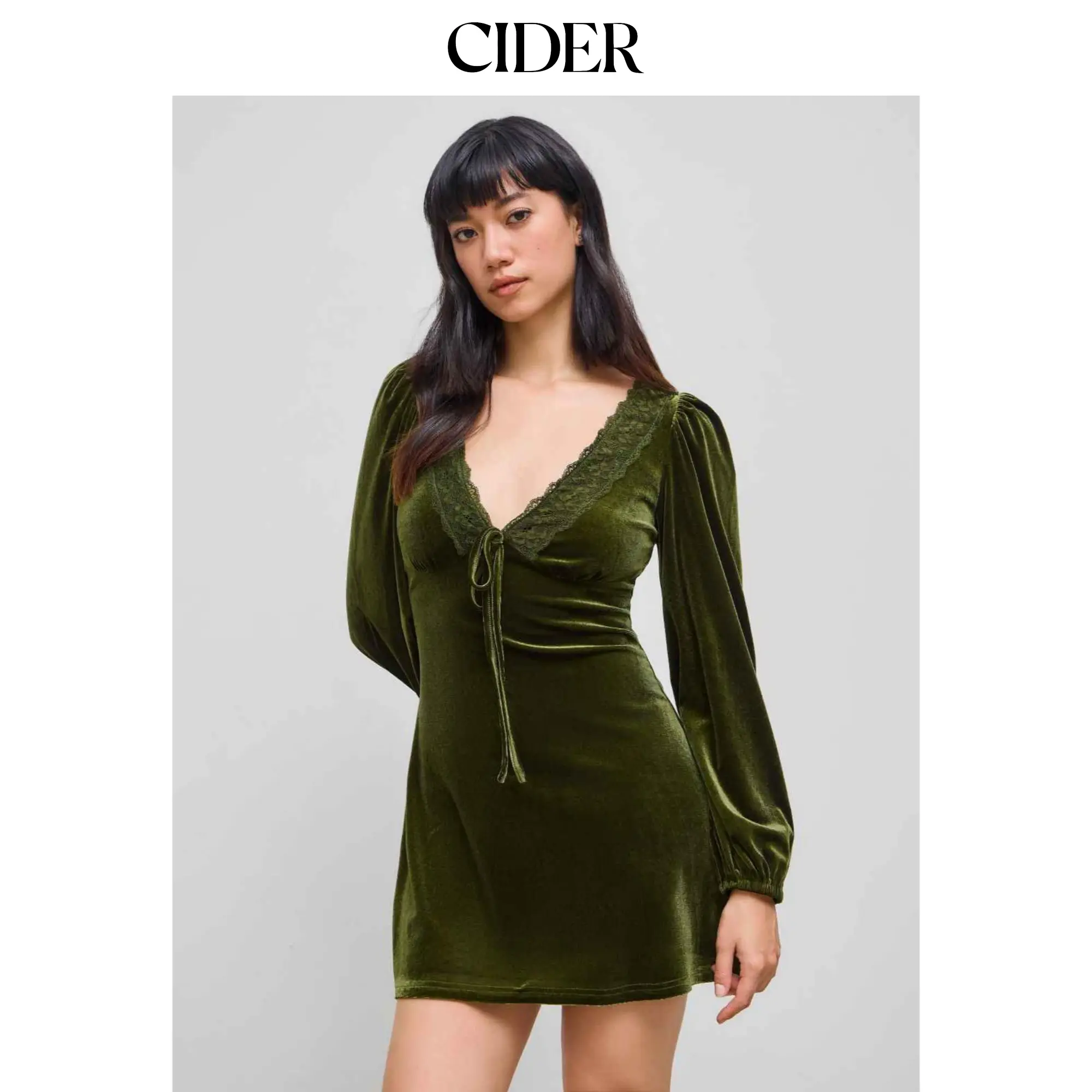 Cider [2 colors, size 2-26] Velvet V-neck Solid Lace Trim Knotted Mini Dress SummerFinds