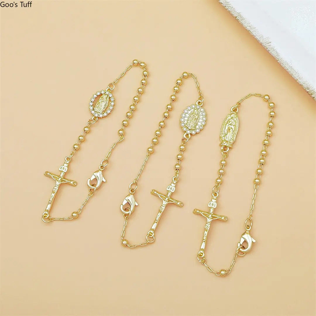 Copper‑Base 18K Gold‑Plated Virgin Mary & Cross Beaded Religious Charm Bracelet for Women Devotional Wrist Jewelry for Daily Wear Communion Prayer Occasions