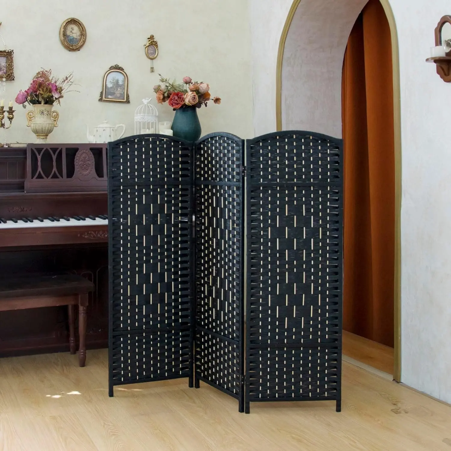 Black Half-Height Compact 3-Panel Foldable Rattan Room Divider with Foldable Hinges, 47.2x47.2" Hand-Woven Double-Sided Folding Screen for Home & Office