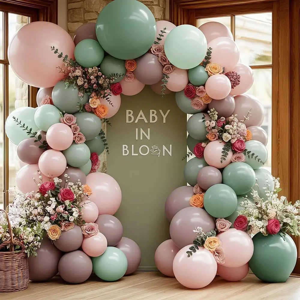 Green Balloon Arch with Artificial  Double Stuffed Dusty Light  Sage Green Balloon Garland Kit Eucalyptus Leaves for  in Bloom Birthday Bridal Shower Wildflower Party Decorations