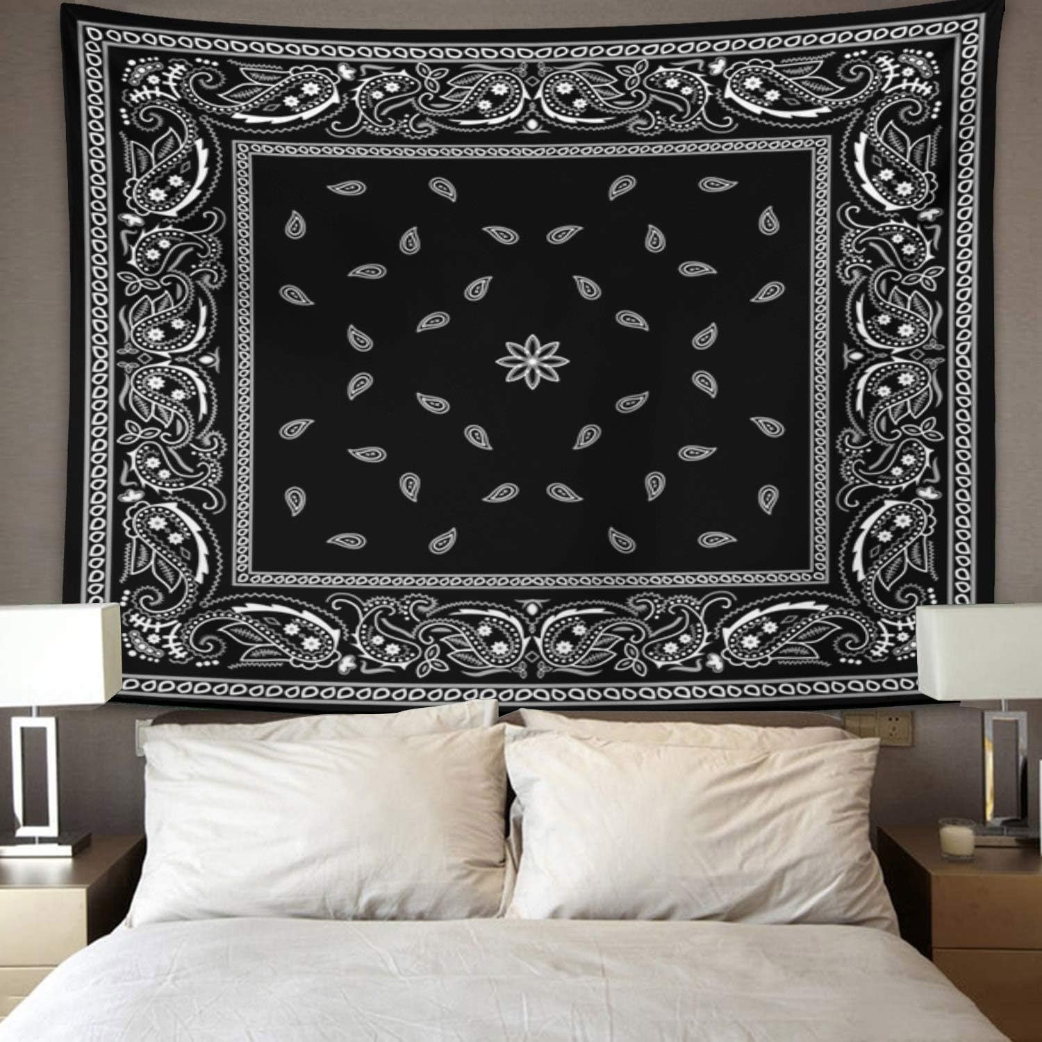 Durable Decorative Tapestry - Emvency Polyester Wall Hanging with Colorful Paisley Black Pattern, Bandanna Border, White Design, Peach & Animal Accents - Home Decoration for Living Room, Bedroom (40X30in (102X76cm))