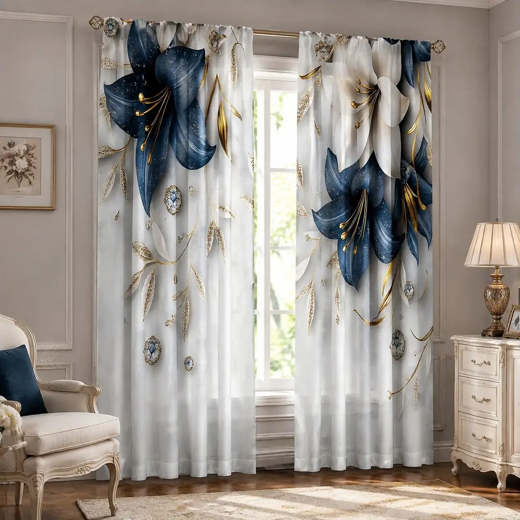 Elegant Blue Lily Curtain Set (2 Pieces), Window Curtain, Window Drapes, Home Decoration Curtain, Rod Pocket Design, Privacy Curtains, Easy to Hang, Semi-Sheer Polyester Fabric, Room Decor Curtain, Curtain for Windows