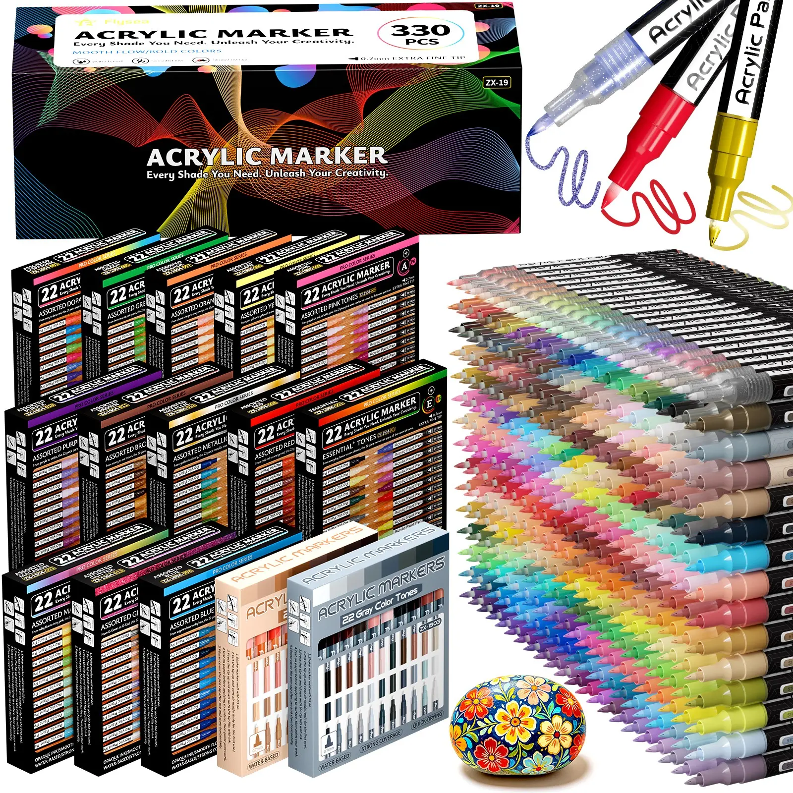 Flysea Acrylic Markers Set, 330 Pieces, 0.7mm Fine Tip, Visible Ink Reservoir, Waterproof, Ideal for DIY Crafts, Art Supplies