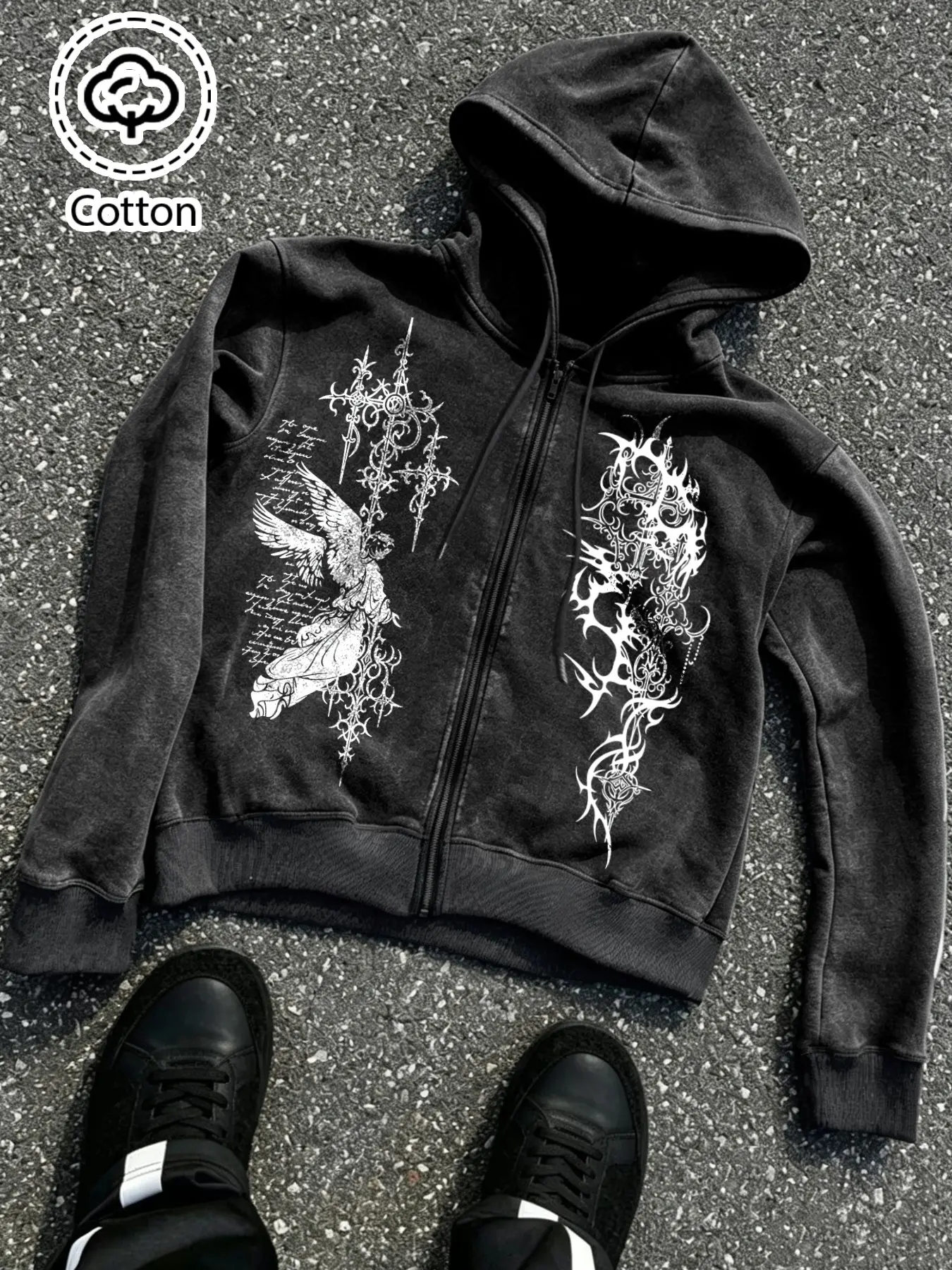 Men's Heavyweight Washed Zipper Hoodie, Gothic Angel Cross Skull Print, Breathable Cotton, Loose Fit, Streetwear, All Seasons