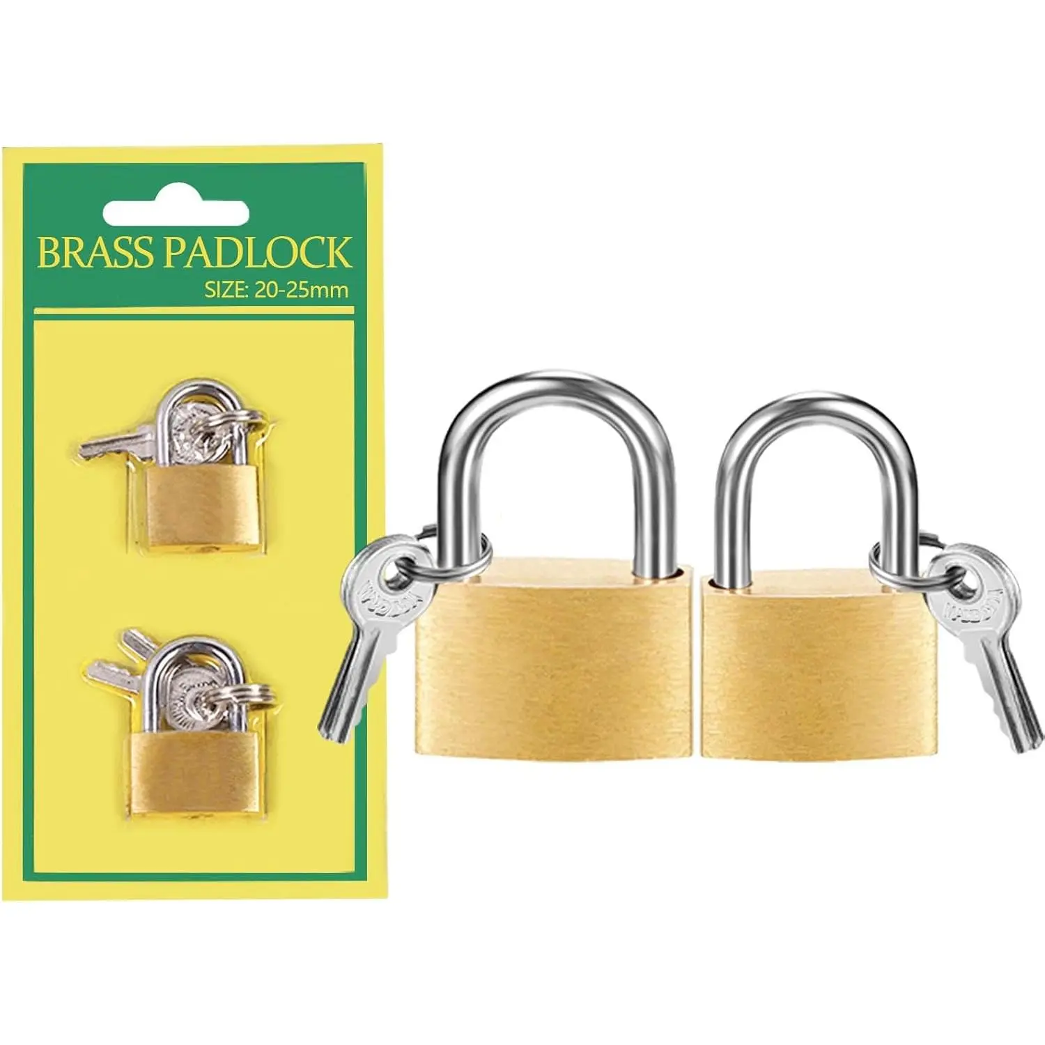 2 count Small Solid Brass Locks with , 20mm + 25mm Mini Key Locks, for Luggage, Backpack, Gym Locker,  Box (20-25mm)