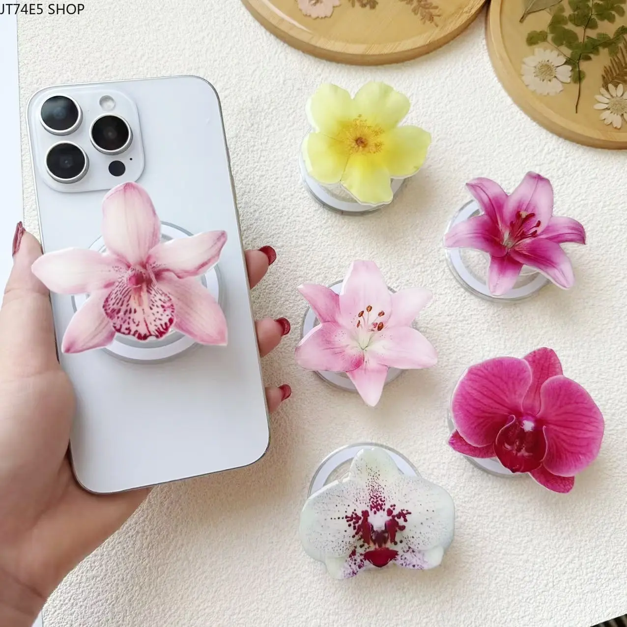 Floral Mobile Phone Grip - Transparent Cherry Blossom & Phalaenopsis Retractable Airbag Frame Stand, INS Style Handheld Magnetic MagSafe-Compatible Fashion Accessory