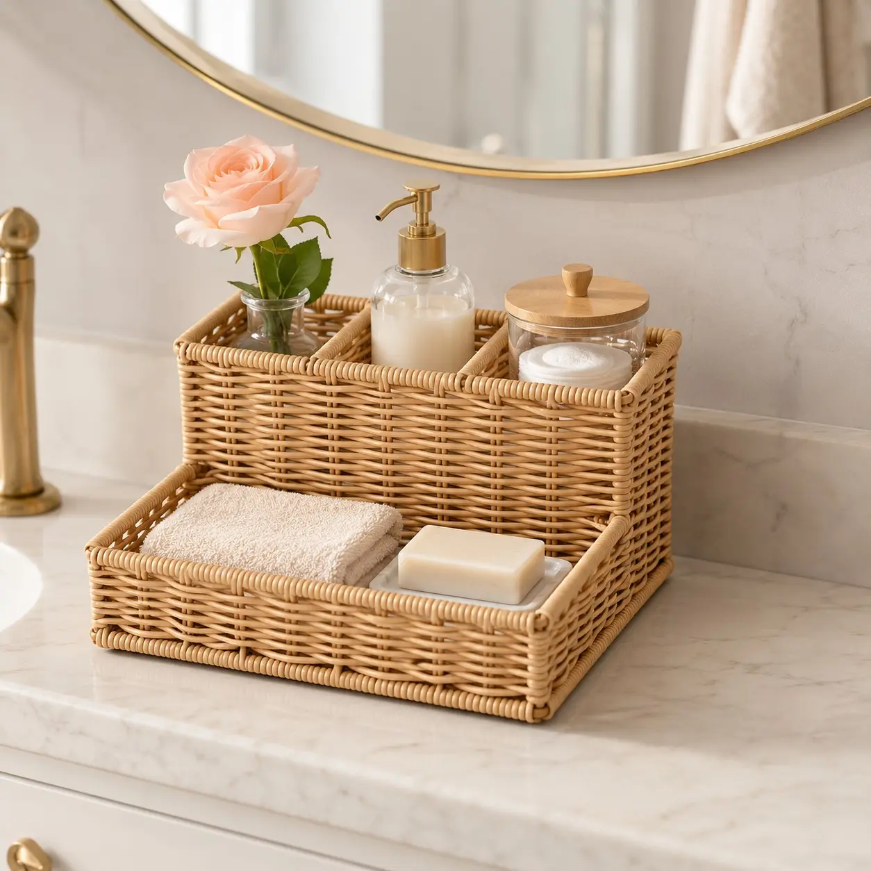 Faux Rattan Divided Storage Basket, Multi-Compartment Organizer for Cosmetics & Tissues, Rustic Woven Decor Caddy, Universal Storage Bin for Bathroom, Living Room, Bedroom & Kitchen
