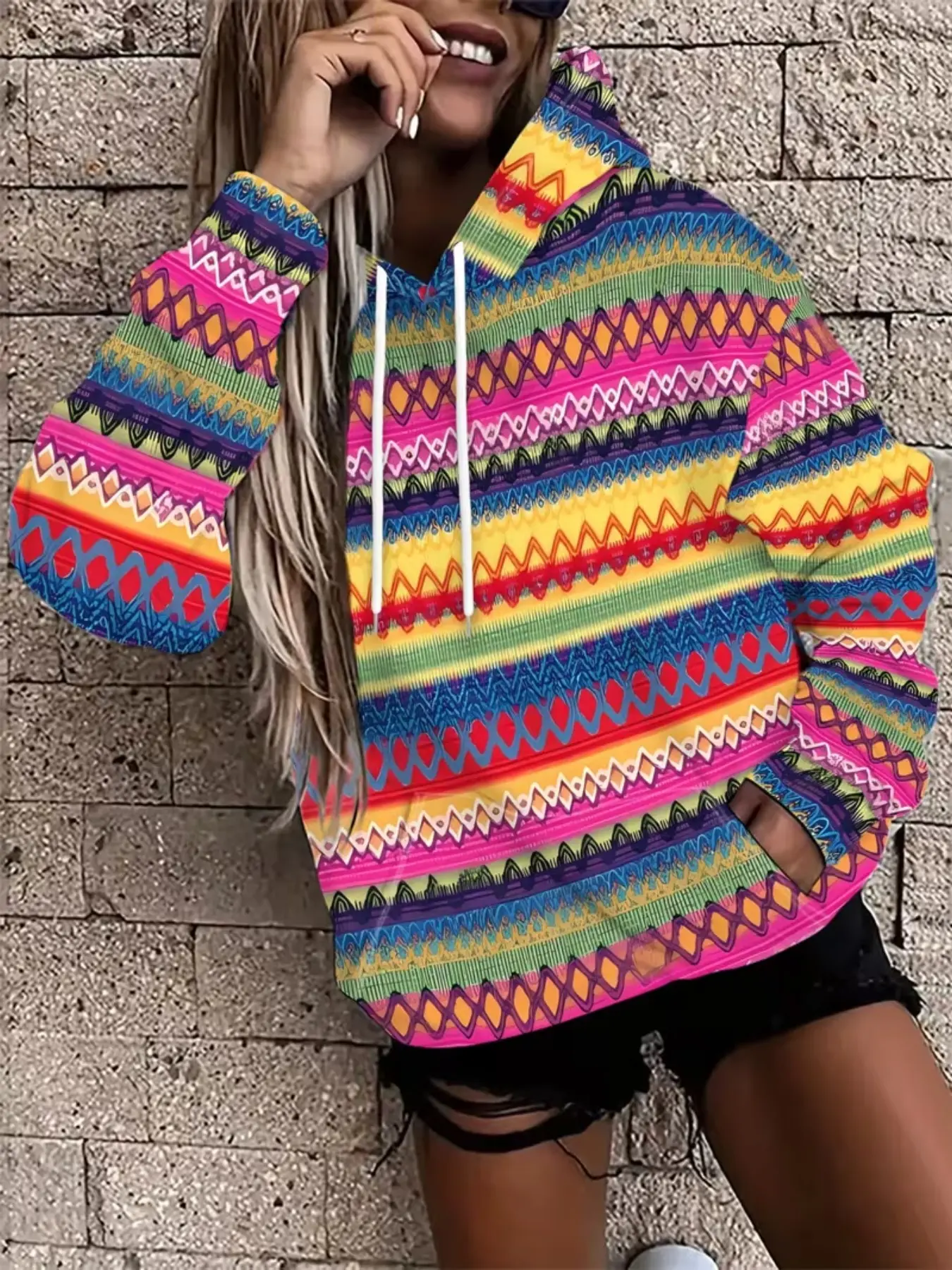Boho Ethnic Women's Hooded Sweatshirt, Loose Fit Long Sleeve, All over Print, Casual Style, All Seasons, Vintage Tribal Pattern