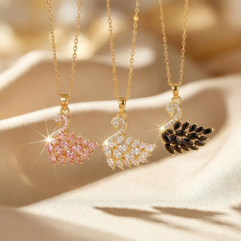 Light luxury copper inlaid with zirconium and full diamond swan necklace, light luxury DDXL0083 niche versatile fashion titanium steel necklace
