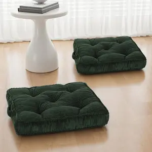 2PCS 24x24 Square Large Tufted Meditation Floor Cushion Green Corduroy Sitting Pillow with Handle for Adults Yoga Seating for Tatami