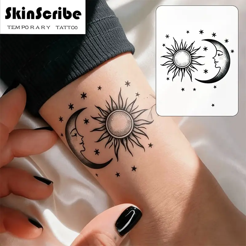 2 sheets Black & Gray Sun Moon Stars Decorative Temporary Tattoo Sticker Highly realistic, Convenient & waterproof, suitable for wrist, collarbone, and neck. Perfect for parties, performances, and daily wear.