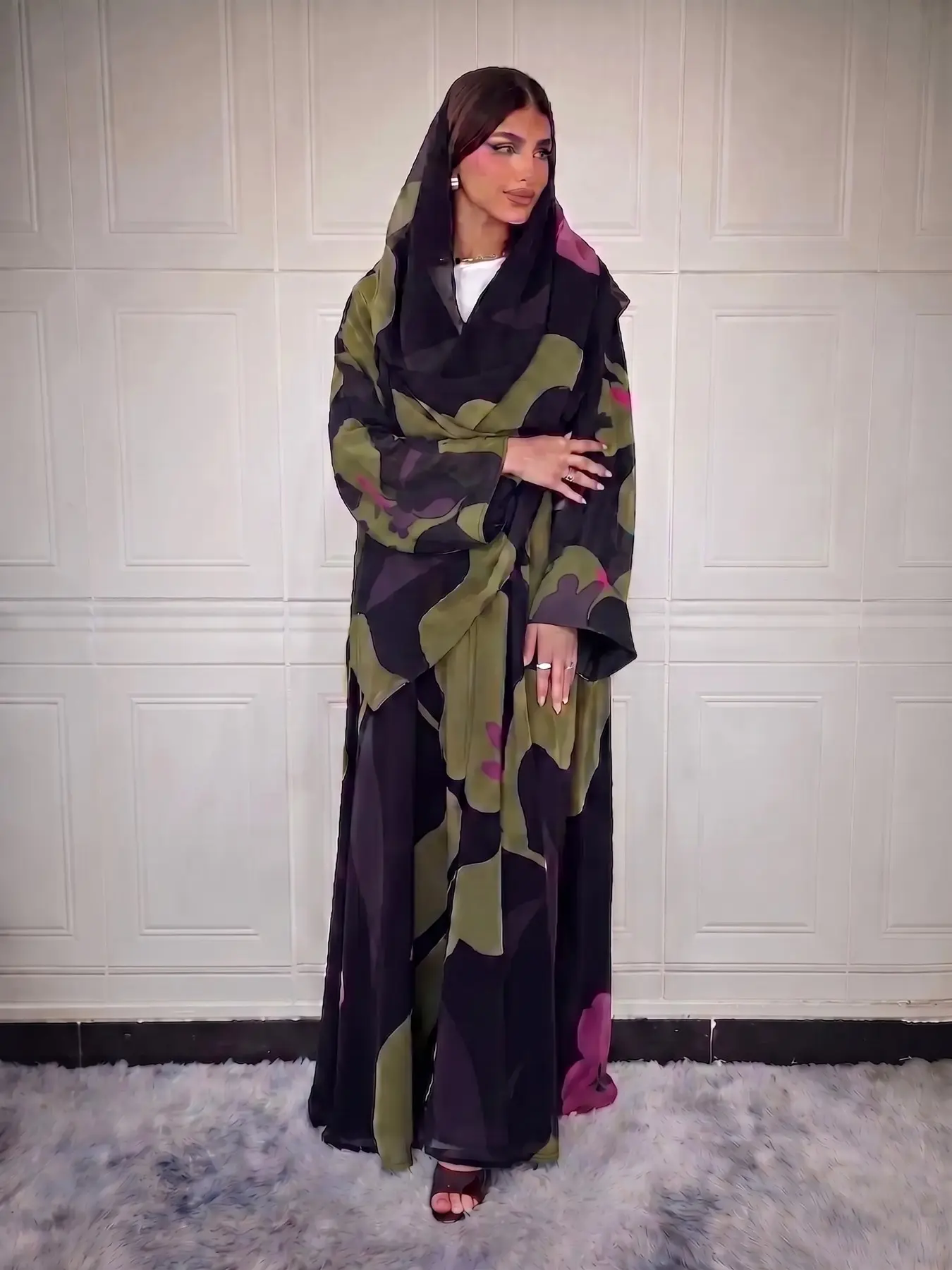 New Muslim Women's Middle Eastern Print Shawl Abaya, Luxurious Loose Chiffon Arab Dubai Long Robe, Daily Gathering Dress with Headscarf