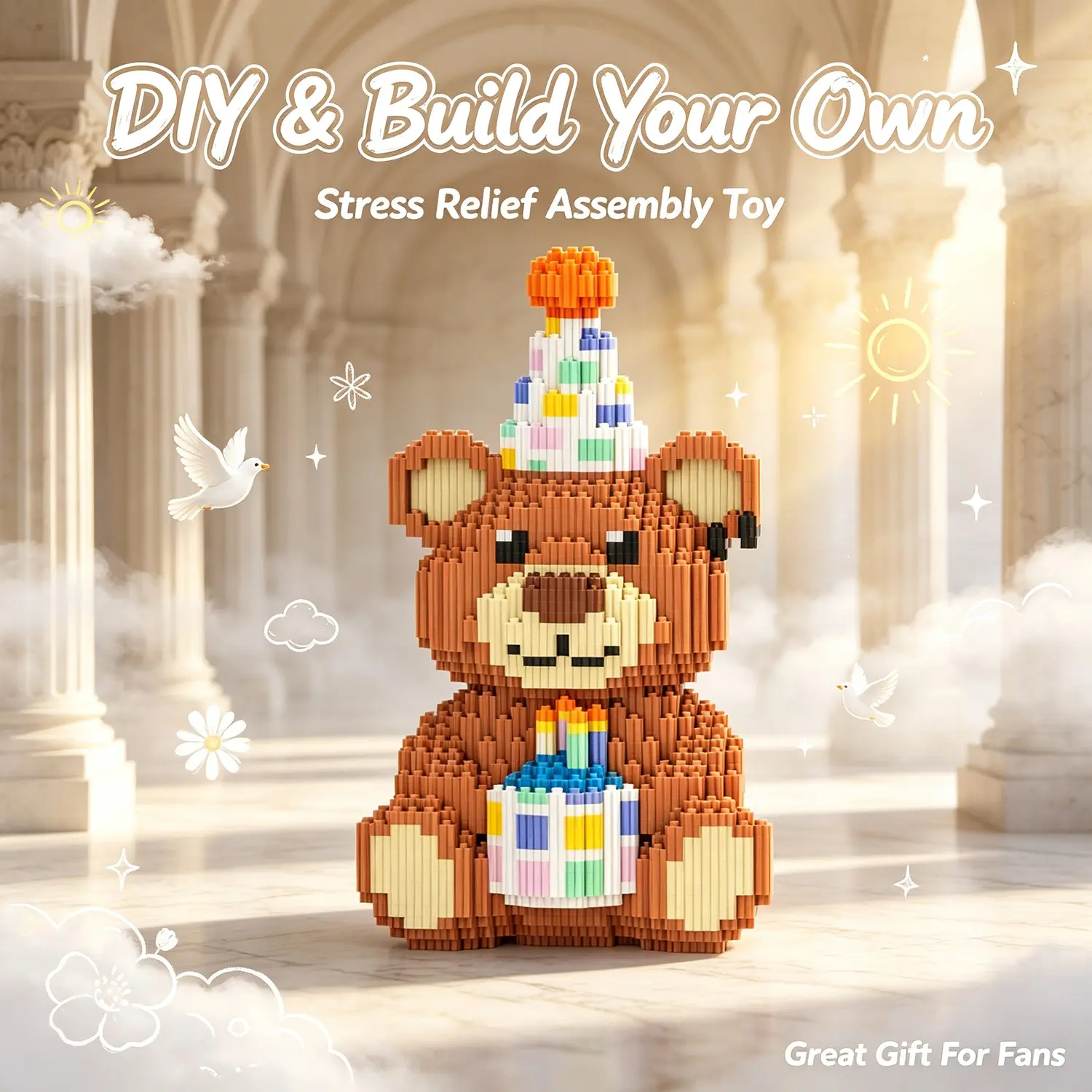 Birthday Cake Wish Bear 3D Puzzle Block Decor, Home Office Shelf Decoration, Party Gift, Holiday Ornament, Handmade Craft