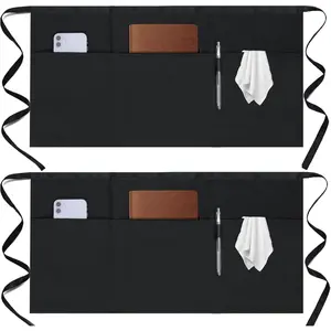 2 Pack Server Apron - Waist Half Aprons for Waitress with 3 Pockets, Black Short Serving