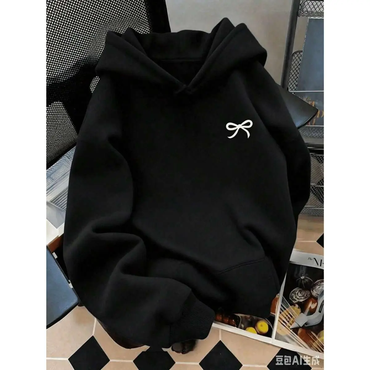 1pcCute Versatile Bow Pattern Women's Long Sleeve Pocket Casual Hoodieprinted Sweatshirt180g100%