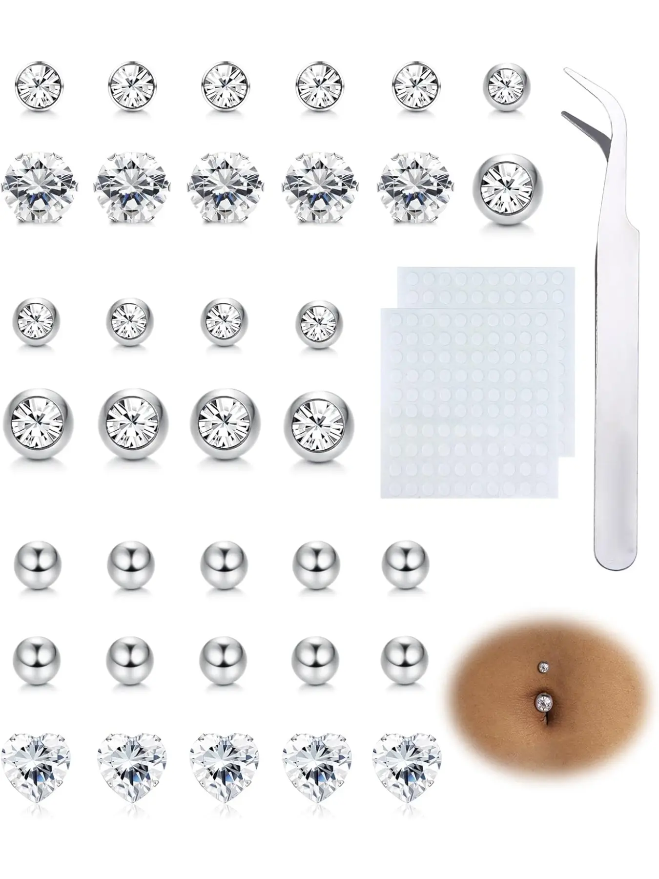 35pcs Fake Belly Piercing Cubic Zirconia, Belly Button Piercing, Ear Lip Eyebrow Nose Gems, Non Piercing Body Face Jewellery