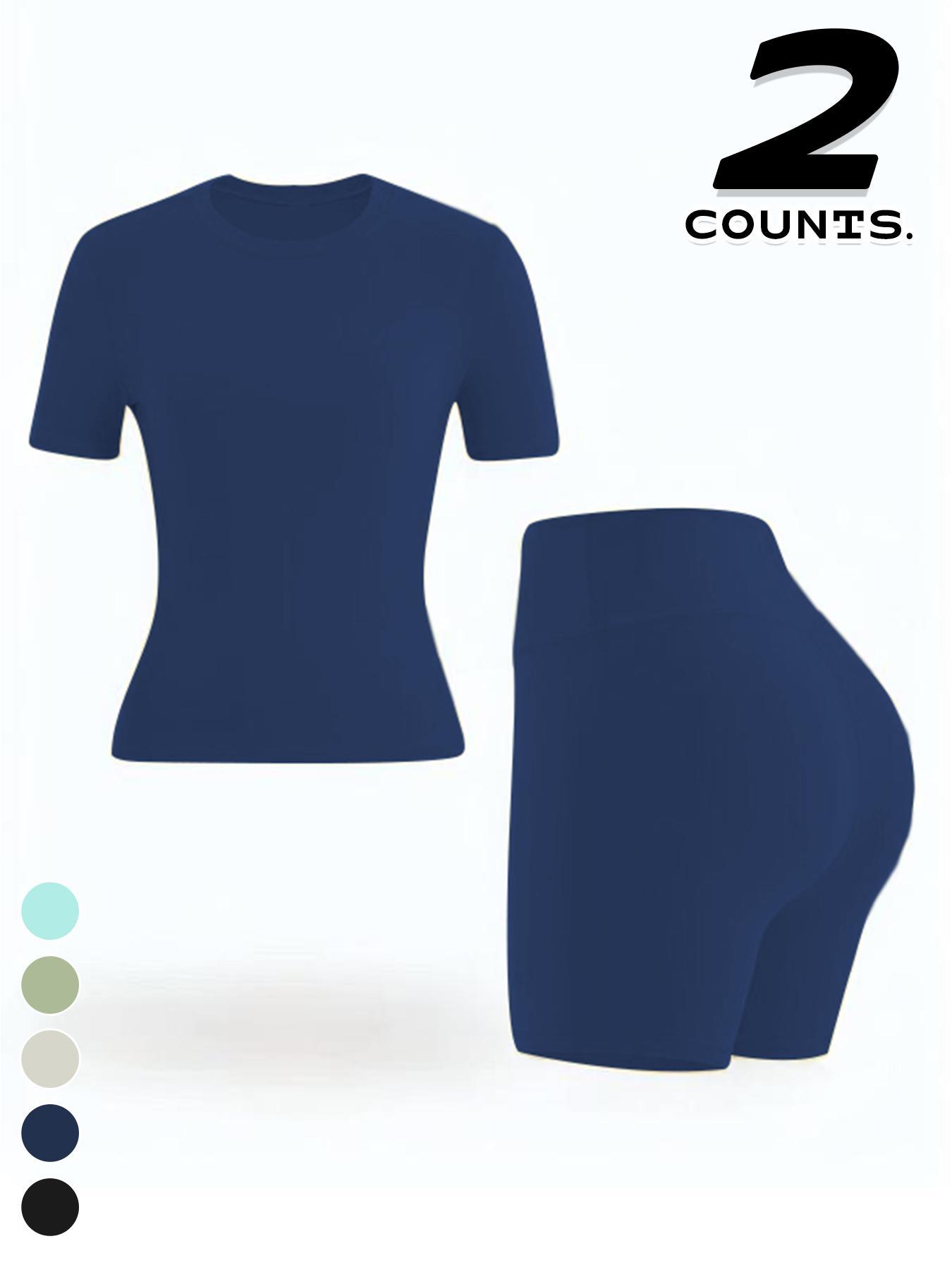 Women's Two-piece Set, Solid Color Tee & High Waist Skinny Shorts Tracksuit Set, Sporty Casual Breathable Set for Yoga Gym, Ladies Summer Sportswear, Activewear, Workout Running Clothes