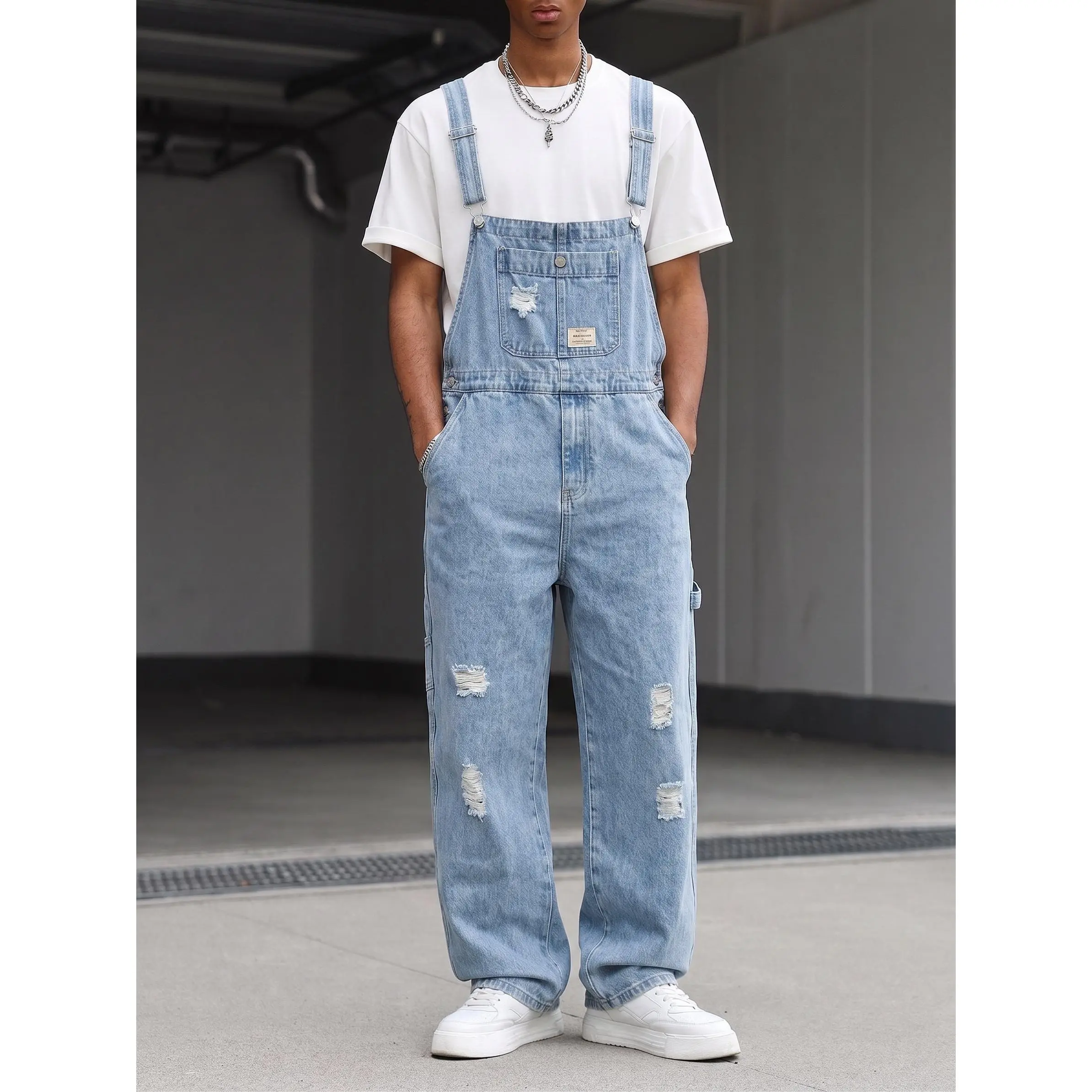 Men's Light Blue Ripped Overalls,Vintage Wide Leg Distressed Dungarees,Y2K Loose Fit Skater Jumpsuit,Clean Fit Workwear Trousers Baggy Aesthetic