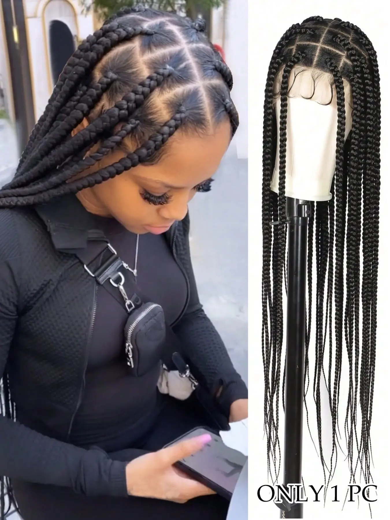 36 Inch Large Knotless Box Braided Wigs For Women Braided Lace Wigs Synthetic Material Wigs Synthetic Braided Lace Front Wigs Embroidery Full Double Lace Braid Wig With Baby Hair Long Black Premium Synthetic Wigs