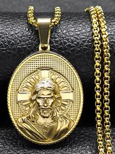 Religious Jesus Christ Crucifix Cross Medal Pendant Necklace for Women Men Stainless Steel Gold Color Faith Jewelry