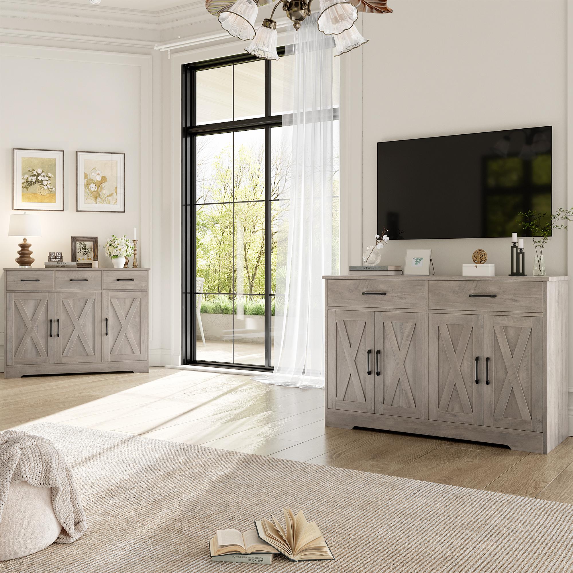 HOSTACK Buffet Cabinet, Coffee Bar with 2 Drawers, Shelves, 4 Doors, Modern Farmhouse Kitchen Sideboard Buffet, Wood Storage Cabinet