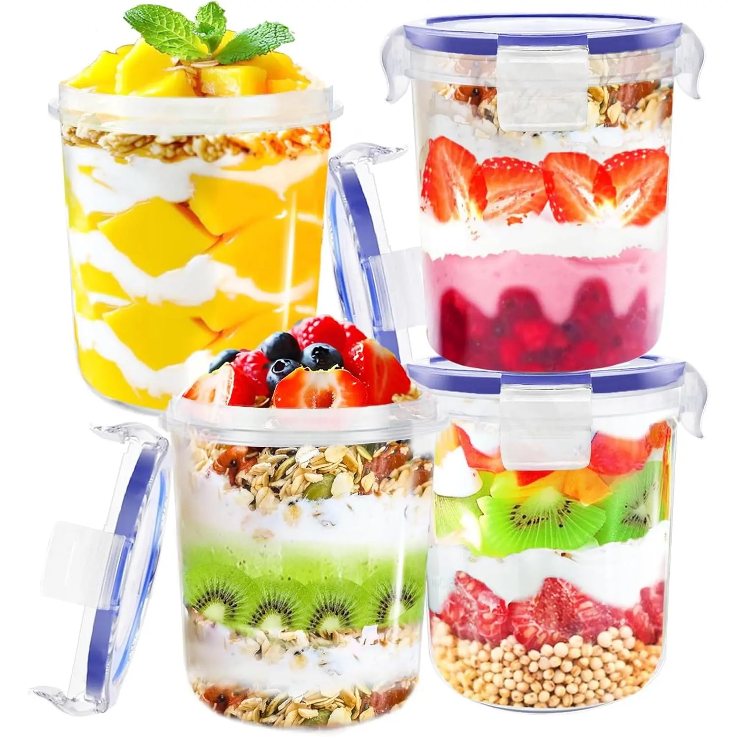 4 count Overnight Oats Containers with ,16 oz Plastic Oatmeal Prep Container Jars, Cereal Yogurt Fruit Storage Cups for Breakfast Lunch Picnics