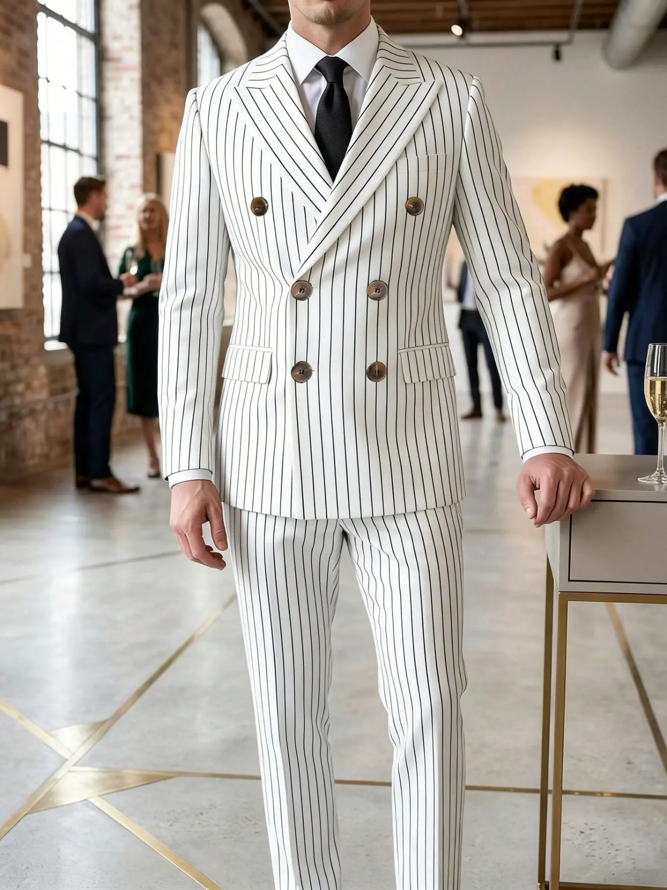 Men's 2-Piece Blazer Set, British Style Striped Double-Breasted Suit Jacket and Pants, Business Casual, Work Casual Blazers, Formal Wear, Classic, Wedding Party, Evening Event