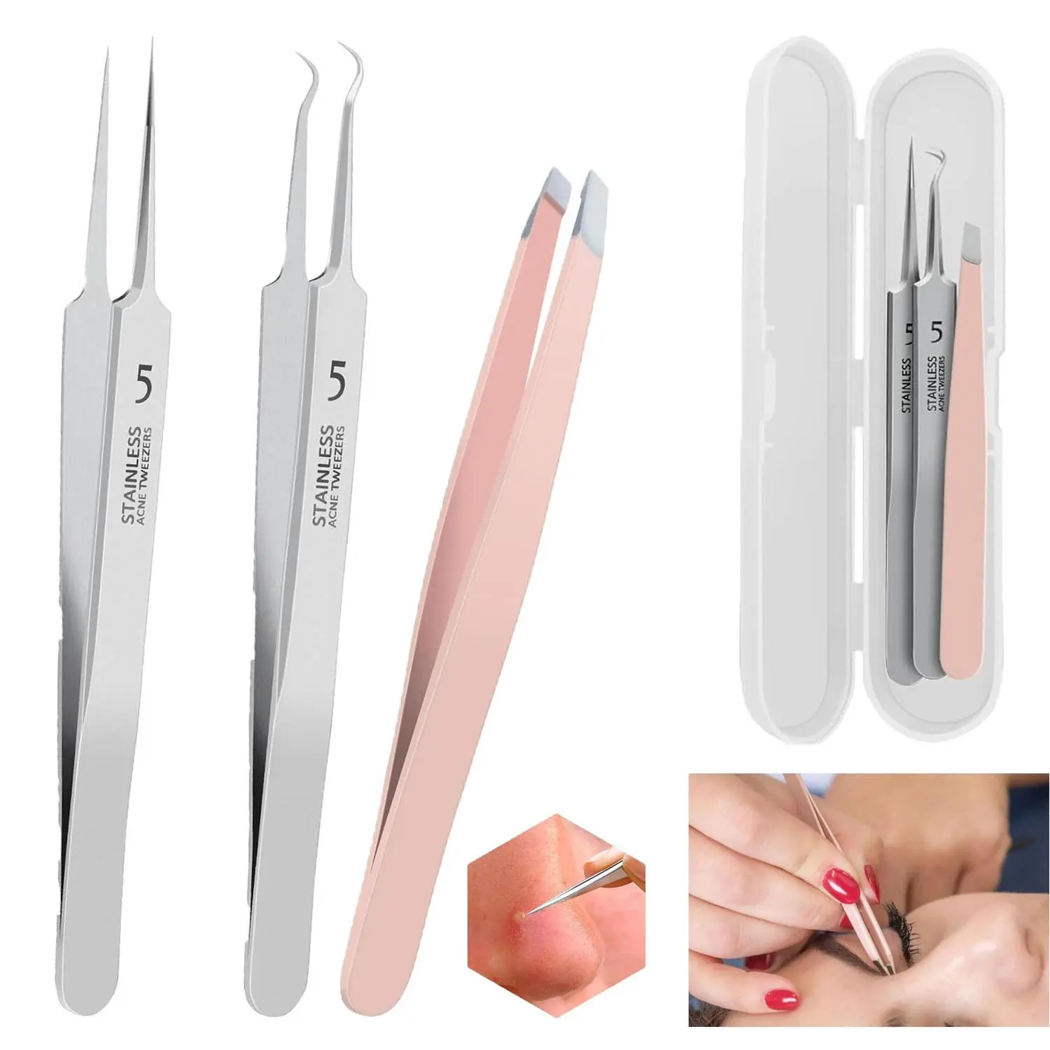 Precision Blackhead Remover Tweezers Set, Ingrown Hair Tweezers, Professional Cell Clips Pimple Extractor Tweezers, Stainless Steel Facial Hair Removal Tweezers for Women Facial Skin Care