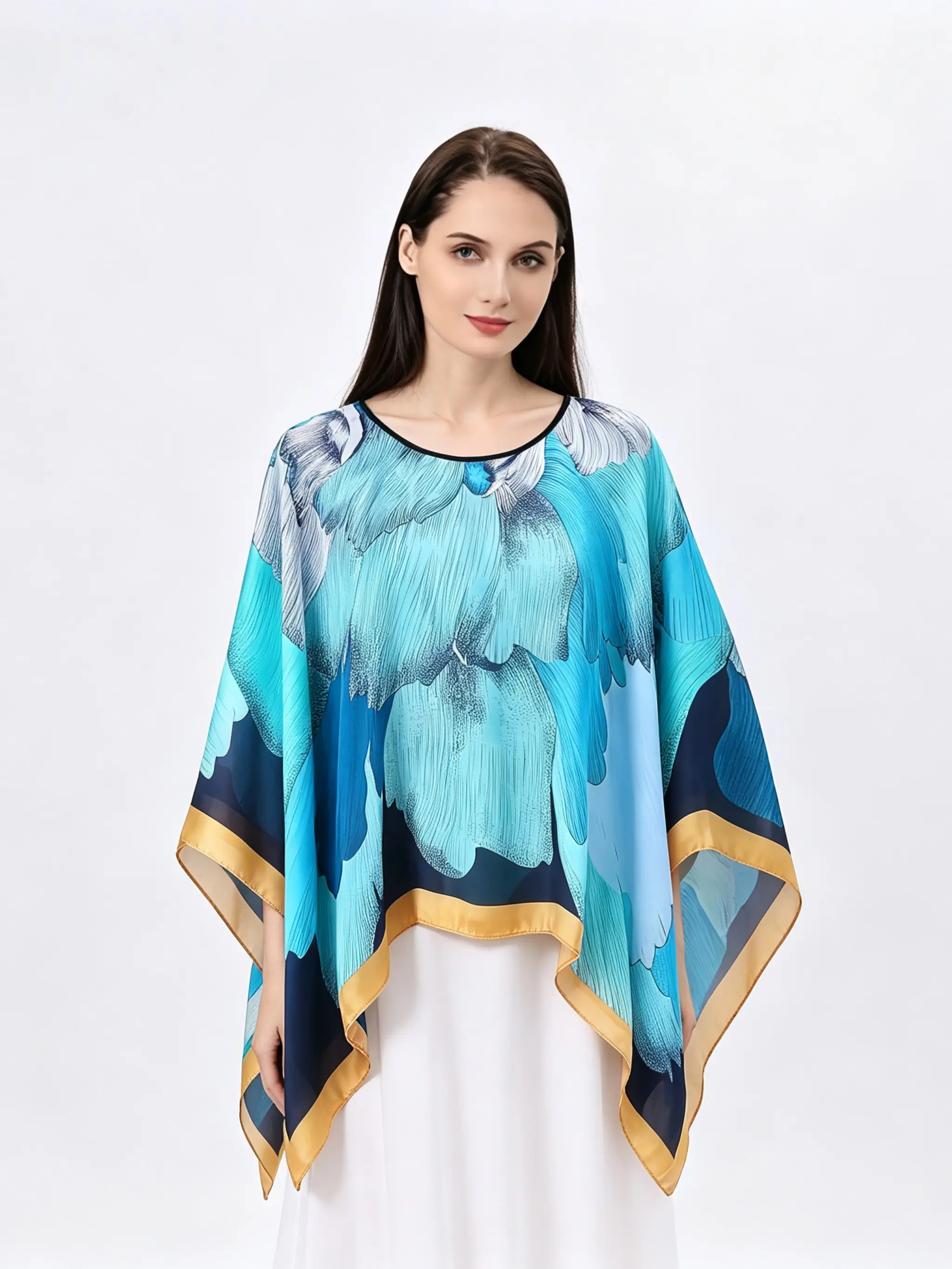 Fashion Women's Printed Chiffon Cape, Lightweight Asymmetrical Hem Outerwear, Summer Sun Protection Wrap, Elegant Floral Scarf Top, Beach Vacation Loose Fit, Swimsuit Cover Up