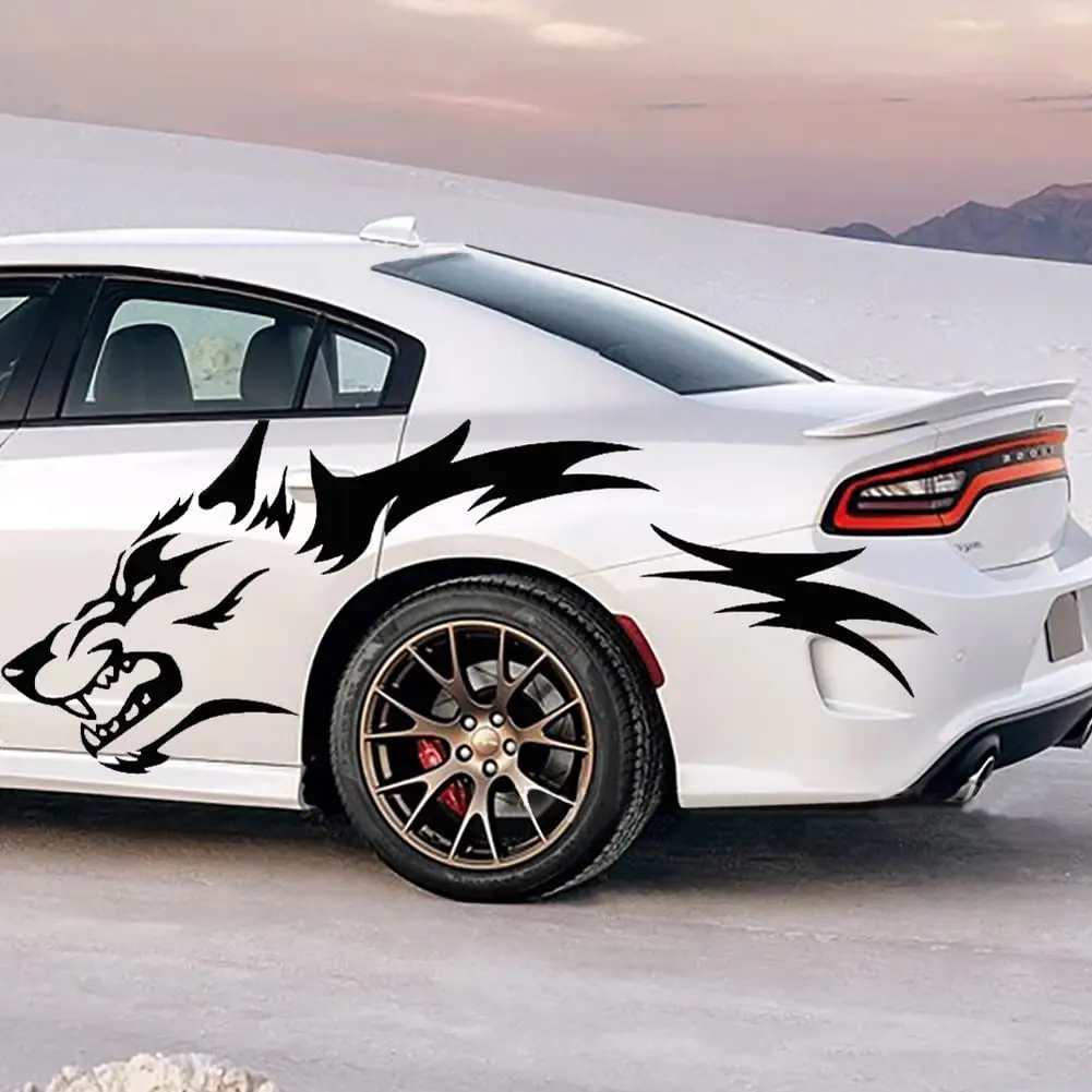 2Pcs Wolf Totem Vinyl Car Decals - Featuring Tribal Tattoo Designs, Self-Adhesive Side Door Wolf Decal, Suitable for SUV, Off-Road Vehicles, Car Hood, Trunk - Glossy Surface, Irregular Shapes, Universal Waterproof Vinyl Sticker