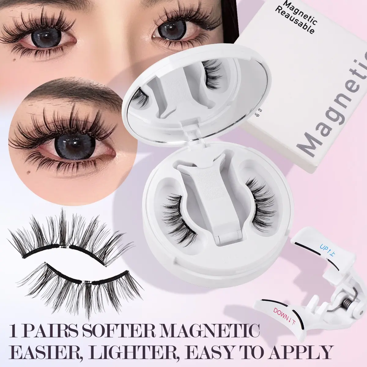 MAANGE 1 Pair Magnetic Eyelashes Kit, Reusable No Glue Needed False Lashes with Applicator, Soft Lightweight Magnetic Lashes, Easy to Apply Magnetic Lashes for Daily & Party Makeup, Comfortable Reusable Eyelashes, Beginner Friendly Magnetic Lash Set