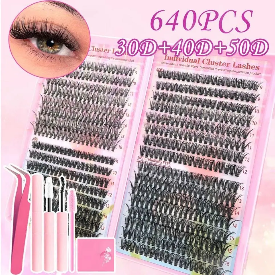 640Pcs DIY Eyelash Extension Kit, Cluster Eyelash Extensions, Mixed Lengths 9-16mm, 30D 40D 50D Lashes, D Curl Individual Lash Clusters, Longer Looking Eyelashes, Soft Wispy, Waterproof Long-Lasting, With Bond & Seal Remover and Tweezer, Beginner Friendly