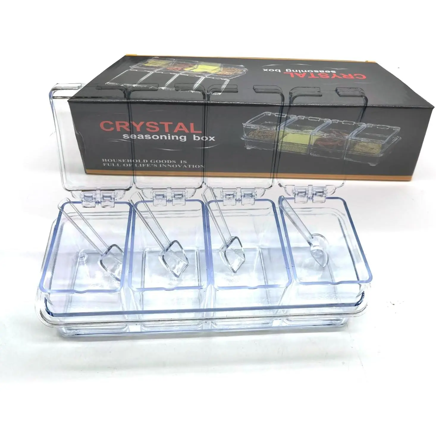 Transparent Seasoning Box,4 Pack Clear Seasoning Rack  Pots Condiments Containers with  and Spoons,Clear Seasoning Storage Container for  (Transparent)