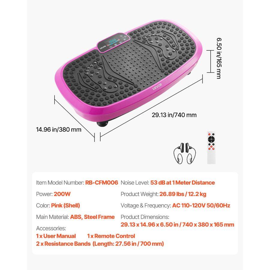 VEVOR Vibration Plate Exercise Machine, Full Body Shaker with Magnetic Acupoints for Lymphatic Drainage and Weight Loss, Home Gym Workout Fitness Equipment with 2 Resistance Bands for Women Men, Pink