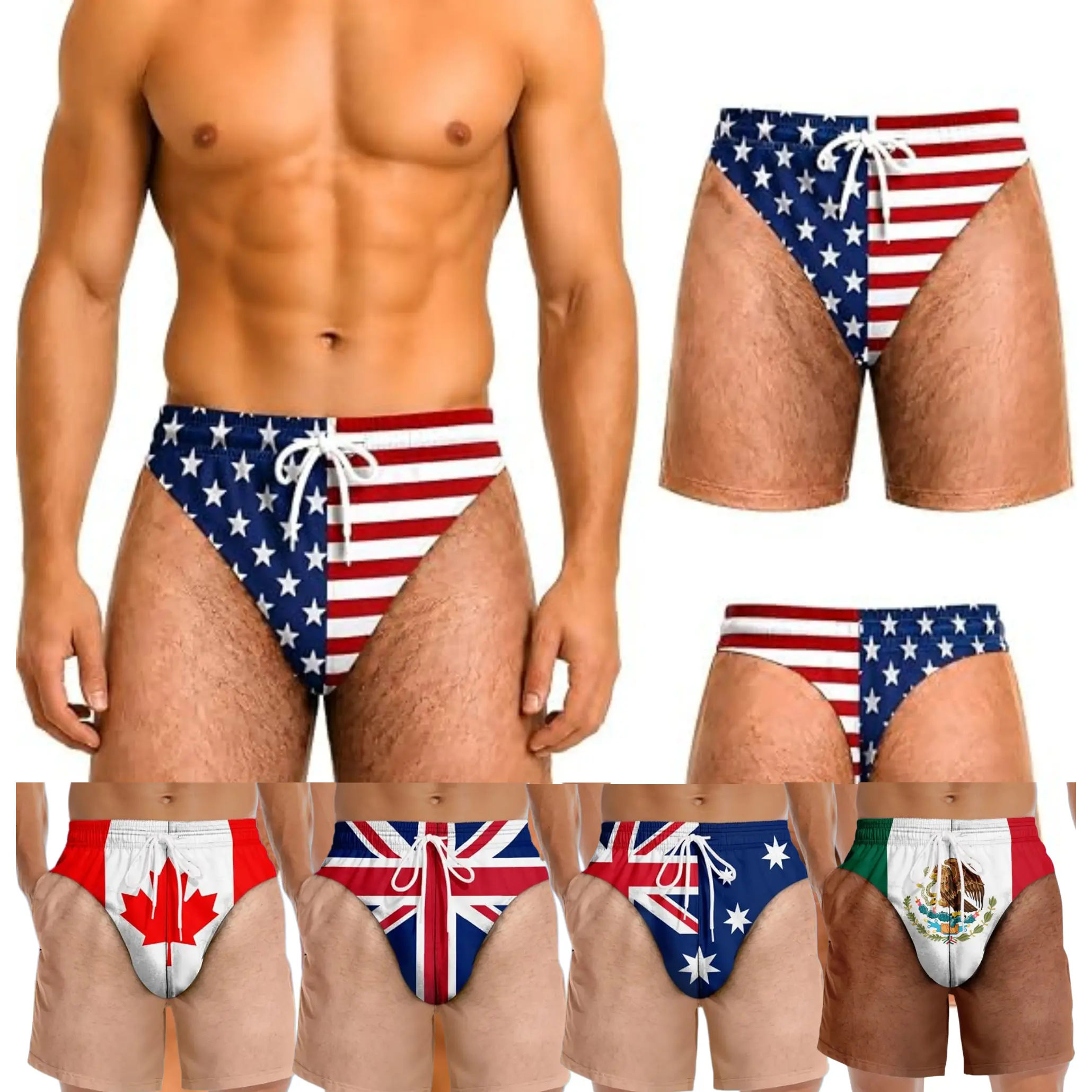 Fun patriotic men's swimming trunks, personalized summer vacation men's beach shorts, paired with bikinis and American flag patterns, available in Canada, UK, USA, and Mexico styles. The ideal gift for your husband or boyfriend.
