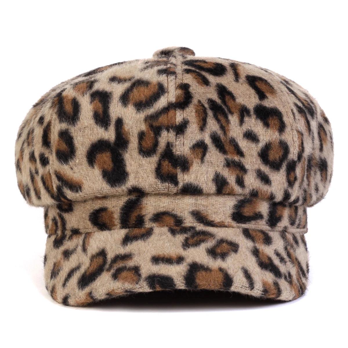 Unisex Plush Leopard Print Personality Newsboy Hat Spring Autumn Retro Beret Hats Wild Casual Hats Octagonal Cap
