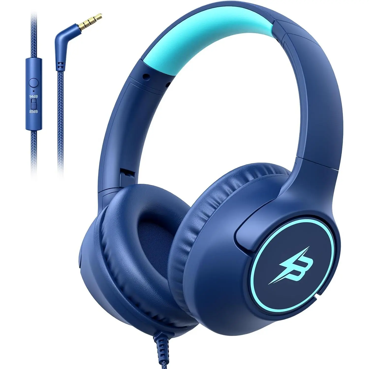 Headphones Wired for School, 85/94dB Volume Limit, Wired Over Ear Headphones for  Boys Girls with Microphone, Stereo  3.5mm Cord for Kindle Tablet Airplane Travel, Navy Blue